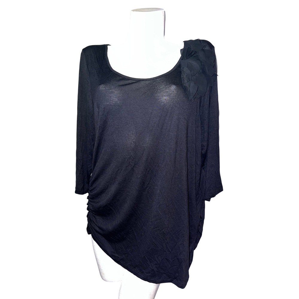 New Carole Little Woman Top Black Ruched Tunic Petal Applique 3/4 Sleeve 2X NWT
